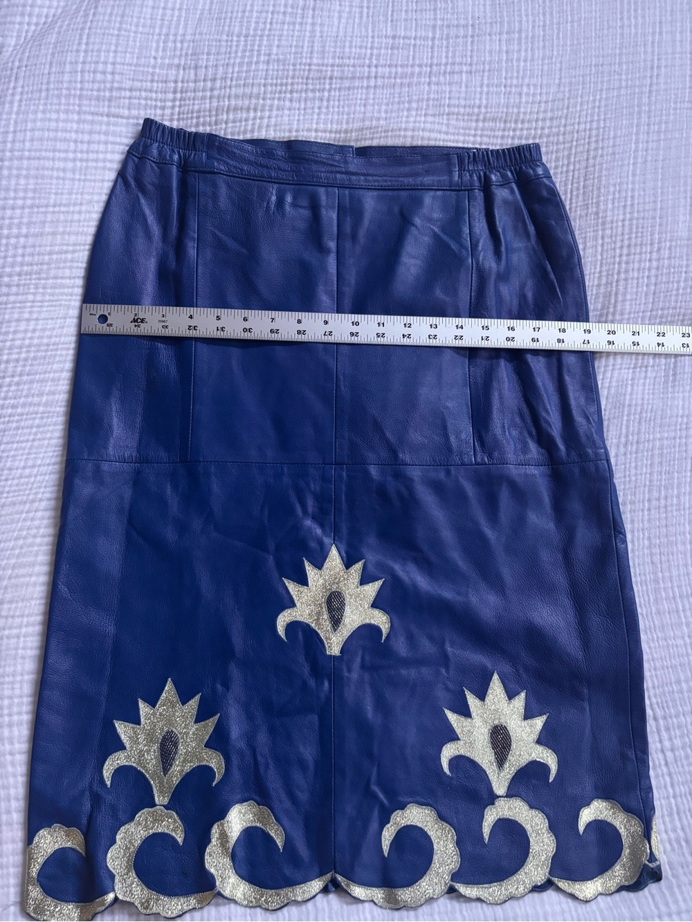 Vintage Blue Leather Skirt and Jacket Set with Gold Appliqué - Picture 14 of 16